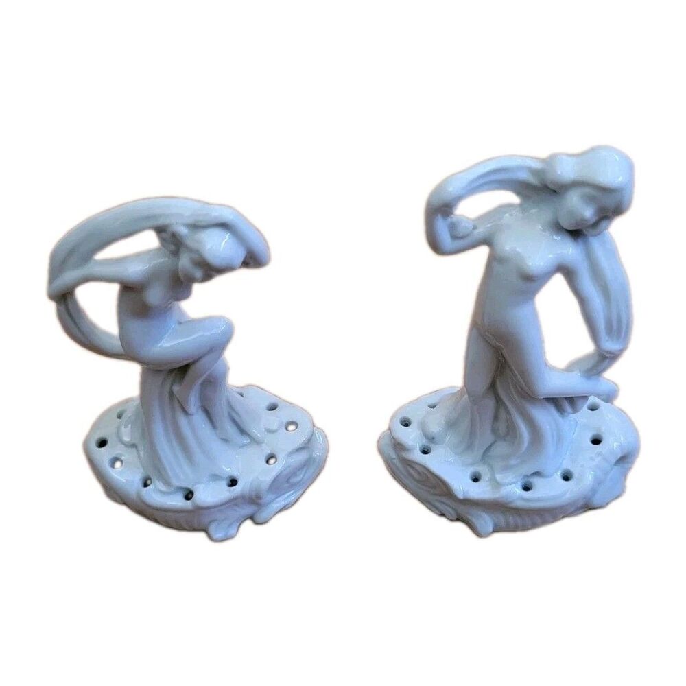 Antique Germany  Porcelain 2 Water Nymphs  Figurines Hat Pin Holders Flower Frog